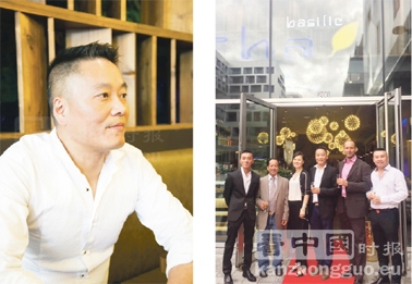 左图:Thaï Basilic的老板徐先生。右图:徐先生夫妇(中)与亲友在餐馆门口合影。 左图:Thaï Basilic的老板徐先生。右图:徐先生夫妇(中)与亲友在餐馆门口合影。