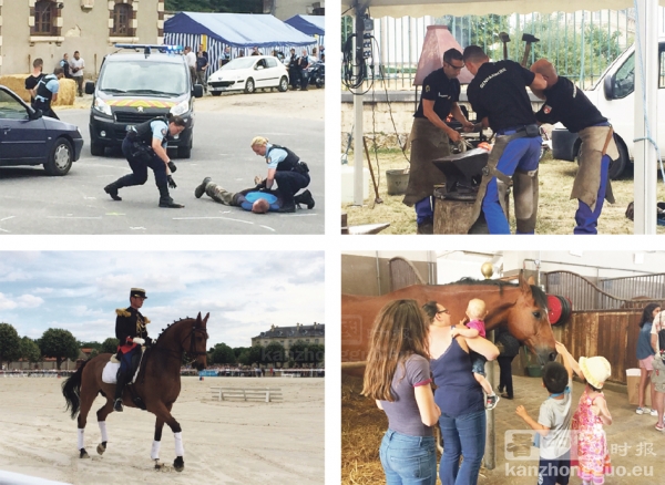 开放日共和国卫队向民众展示的打击犯罪演习、打制马蹄铁和驯马表演;人们还可以参观马厩,近距离观看骑兵队的骏马。(摄影:林莲怡/看中国) 开放日共和国卫队向民众展示的打击犯罪演习、打制马蹄铁和驯马表演;人们还可以参观马厩,近距离观看骑兵队的骏马。(摄影:林莲怡/看中国)