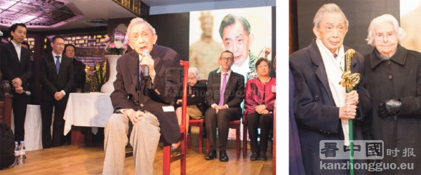 左图:法兰西学术院院士程抱一先生(François Cheng)在晚会上致辞。右图:程抱一手持法兰西学术院院士佩剑与夫人。 (摄影/林莲怡) 左图:法兰西学术院院士程抱一先生(François Cheng)在晚会上致辞。右图:程抱一手持法兰西学术院院士佩剑与夫人。 (摄影/林莲怡)