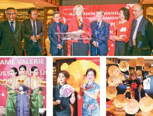 上图左起:法亚共和联盟老挝代表Léonard SINBANDHIT、马来西亚代表叶俊聪、柬埔寨代表梁发强、大巴黎议会主席佩克莱斯、法亚共和联盟永远名誉主席何福基、法亚共和联盟主席兼中国代表钱美蓉、越南代表Jean Pierre VONG。下图:当晚亚洲各国的文艺表演(摄影:李牧/看中国) 上图左起:法亚共和联盟老挝代表Léonard SINBANDHIT、马来西亚代表叶俊聪、柬埔寨代表梁发强、大巴黎议会主席佩克莱斯、法亚共和联盟永远名誉主席何福基