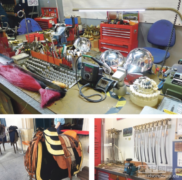 上图:共和国卫队Vérines军营内制作骑兵头盔的工作室;左下图:骑兵马具工作室门口的马鞍;右下图:兵器制造工作室(摄影:林莲怡/看中国) 上图:共和国卫队Vérines军营内制作骑兵头盔的工作室;左下图:骑兵马具工作室门口的马鞍;右下图:兵器制造工作室(摄影:林莲怡/看中国)