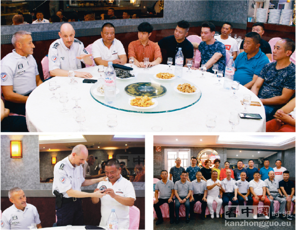 大图:赫贡警长(左二)与美丽城联合商会召开公共会议现场。下图左:赫贡警长向美丽城联合商会会长赠送一枚警徽表示对警民合作的感谢。下图右:当日的会议合影。(摄影:林莲怡/看中国) 大图:赫贡警长(左二)与美丽城联合商会召开公共会议现场。下图左:赫贡警长向美丽城联合商会会长赠送一枚警徽表示对警民合作的感谢。下图右:当日的会议合影。(摄影:林