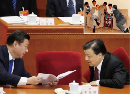 江泽民（右上）当年在赵紫阳面前“奴相”十足，如今两会上刘云山（右下）与习近平交谈时候的姿势与其如出一辙。（网络图片）