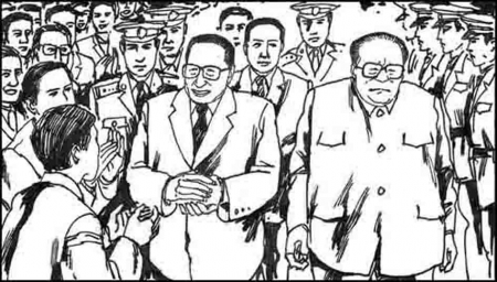 1992年6月9日，江泽民在乔石和大批军警的簇拥下进了党校礼堂。被迫表示支持邓小平的南巡讲话。人们都说他是被乔石押送来的。 （网络图片）