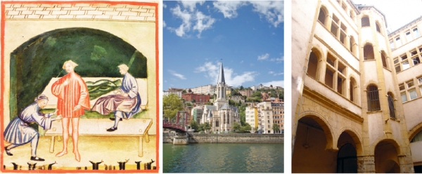 左图:中世纪《健康全书》(Tacuinum sanitatis)中描绘的里昂丝绸商贩(维基百科);中图:里昂老城区(123RF);右图:里昂典型的串廊建筑(Gonedelyon/维基百科) 左图:中世纪《健康全书》(Tacuinum sanitatis)中描绘的里昂丝绸商贩(维基百科);中图:里昂老城区(123RF);右图:里昂典型的串廊建筑(Go