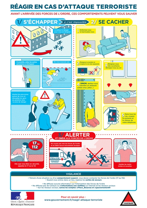 12月4日,法国政府发布了一组关于“发生袭击事件时如何自我保护”的宣传画,主要分为三部分:逃离,躲藏,报警。(www.gouvernement.fr) 12月4日,法国政府发布了一组关于“发生袭击事件时如何自我保护”的宣传画,主要分为三部分:逃离,躲藏,报警。(www.gouvernement.fr)