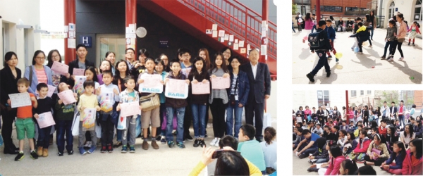 左图：丁校长（右）和部分得奖学生合影。右上：学生玩益智游戏。右下：学生及家长聆听校长致词。（图片由中华学校提供）