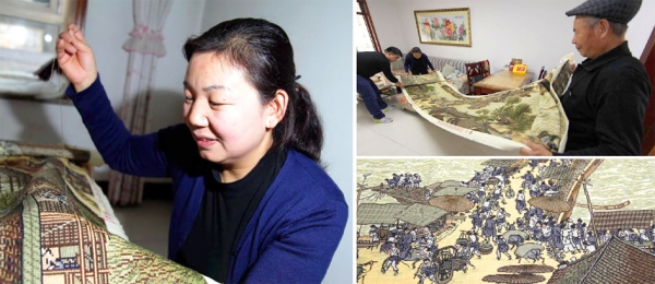 左图:贾林霞用绣花针绣出精美作品。右下图:贾林霞和家人在客厅展示了这幅长6.6米的《清明上河图》十字绣。右上图:贾林霞绣的《清明上河图》的部分画面。(网络图片) 左图:贾林霞用绣花针绣出精美作品。右下图:贾林霞和家人在客厅展示了这幅长6.6米的《清明上河图》十字绣。右上图:贾林霞绣的《清明上河图》的部分画面。(网络图片)