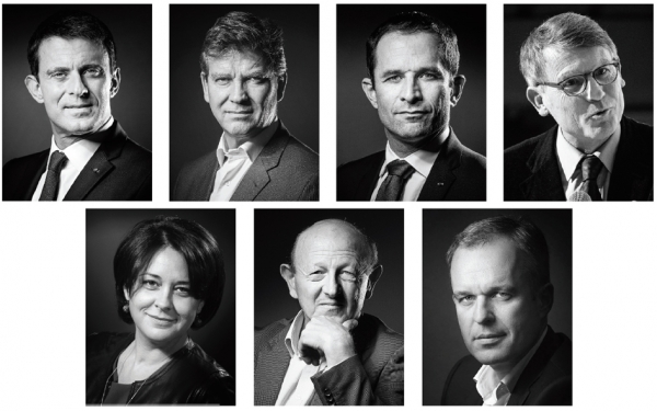 从上至下，从左至右分别为：Manuel Valls、Arnaud Montebourg、Benoît Hamon、Vincent Peillon、 Sylvia