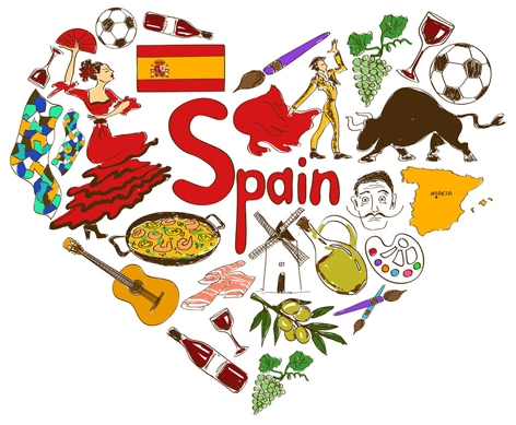 图为西班牙标志旅游项目的多彩素描集合 图为西班牙标志旅游项目的多彩素描集合