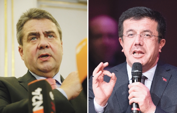 德国外交部长加布里尔(左)和土耳其经济部长尼哈特•泽伊贝克奇(右),3月8日在柏林会面。(AFP/Getty Images) 德国外交部长加布里尔(左)和土耳其经济部长尼哈特•泽伊贝克奇(右),3月8日在柏林会面。(AFP/Getty Images)