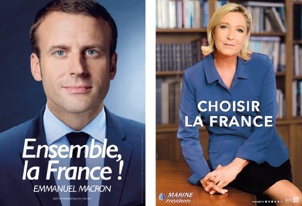 马克隆的总统竞选海报（左），勒庞的总统竞选海报（右）。
