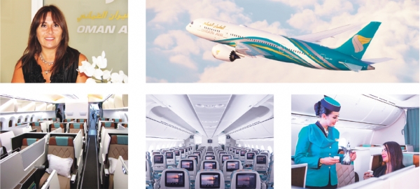 上图左起:阿曼航空法国公司总裁若利伟女士;阿曼航空波音梦想飞机。下图左起:阿曼航空的商务舱;经济舱;空乘人员为乘客提供温馨服务。(图片由阿曼航空提供) 上图左起:阿曼航空法国公司总裁若利伟女士;阿曼航空波音梦想飞机。下图左起:阿曼航空的商务舱;经济舱;空乘人员为乘客提供温馨服务。(图片由阿曼航空提供)