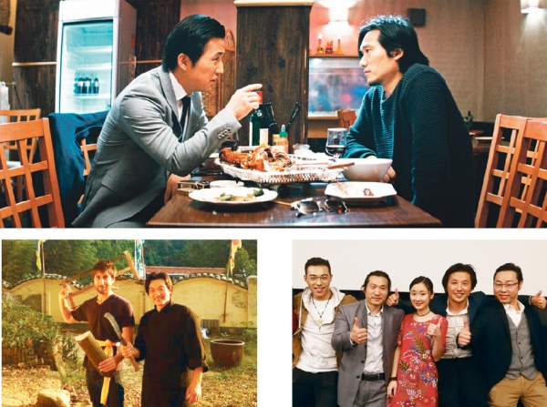 上图:《法语很容易》剧中的兄弟相见剧照;下左图:本片导演比尔曼与涂师父回中国时的留影;下右图:本片部分演员在电影放映当日合影。左起:陈欧吏、涂远见、王海妮、何云平、张平。(图片由剧组提供) 上图:《法语很容易》剧中的兄弟相见剧照;下左图:本片导演比尔曼与涂师父回中国时的留影;下右图:本片部分演员在电影放映当日合影。左起:陈欧吏、涂远见、王海妮、何云