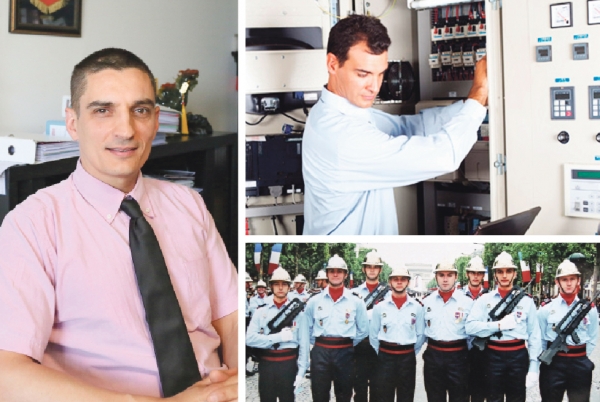 左图：ACV老板Joël Floquet摄于公司办公室。右上图：Floquetx先生正在做安全检测。右下图：年轻时的Floquet先生（右2）作为消防队员，参加