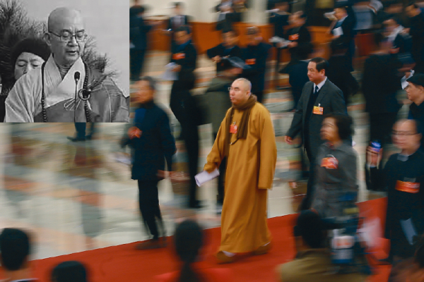 参加中共两会的和尚(Getty Images);左上图:释学诚 参加中共两会的和尚(Getty Images);左上图:释学诚