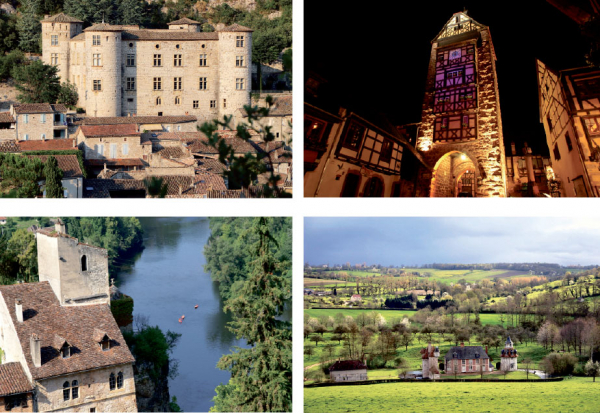 左上:沃格于埃城堡(P. BERNARD-LPBVF);右上:里克威尔的多尔德城门(Mairie Riquewihr);左下:圣西尔克-拉波皮(P. BERNARD_LPBVF);右下:奥热地区伯夫龙的乡村美景(OTI Cambremer)。 左上:沃格于埃城堡(P. BERNARD-LPBVF);右上:里克威尔的多尔德城门(Mairie Riquewihr);左下:圣西尔克-拉波皮(P. BERNA