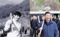 习近平扛农具照片对比。左图：文革期间习近平扛着农具准备下地劳作；右图：习近平近期在北京参加植树活动。