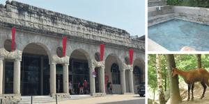 大图：阿克斯莱泰尔姆镇著名的温泉浴场——库鲁布雷温泉浴场（摄影：彭晓莹/看中国）；右上图：麻风病治愈池（Jeunamateur/Wikipedia/CC BY-SA 3.0）；右下图：比利牛斯山的高山羱羊（Bernard-Boehne/Wikipedia/CC BY-SA 3.0）