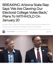 图：亚利桑那州议员称 "我们正在夺回我们的选举团票"，计划在1月20日暂不投票。
