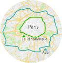 绿线：巴黎环城高速公路；蓝线：大巴黎A86高速公路（GiovanniMartin16/Wikipedia/CC BY-SA 4.0）