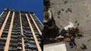 8月3日，四川乐山天和大院小区外墙砖脱落，一名电梯修理工人被砸中身亡。（图片来源：视频截图）
