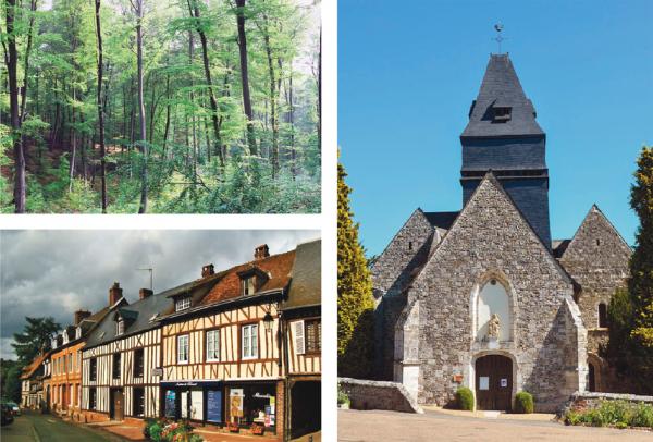 上左图：山毛榉林（Jeabapt/维基百科CC BY-SA 3.0）；下左图：镇中心的木筋外墙房屋(Tango7174/维基百科CC BY-SA 4.0）；右图：圣-丹尼教堂（Pline/维基百科CC BY-SA 3.0）