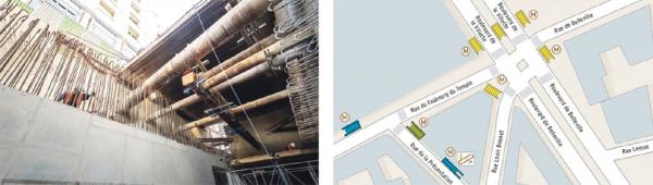 左图:演讲街的工地(© Gérard Rollando);右图:黄色为现存地铁进出口,绿色为正在修建的新地铁进出口,蓝色为正在修建的新单向出口(Copyright©RATP) 左图:演讲街的工地(© Gérard Rollando);右图:黄色为现存地铁进出口,绿色为正在修建的新地铁进出口,蓝色为正在修建的新单向出口(Copyright©RATP)