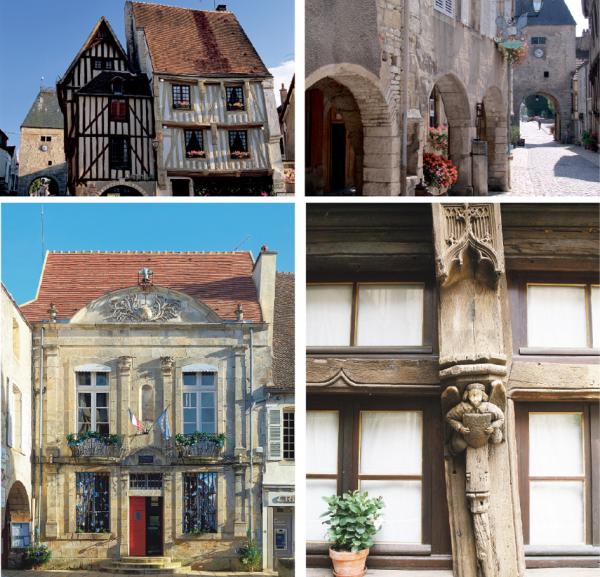 上左图:努瓦耶市政厅广场(Kazutoshi Yoshimura);上右图:努瓦耶镇街道(C.Muller);下左图:努瓦耶镇镇政府(Velvet/CC BY-SA 3.0维基百科);下右图:镇中木筋房手工行业会馆上的细节(Roi Boshi/CC BY-SA 3.0维基百科)