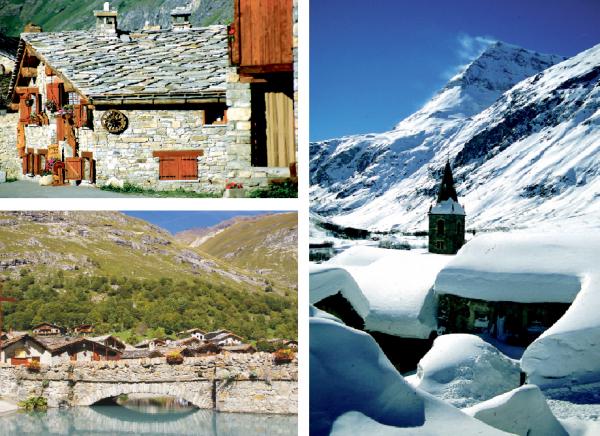 左上图:山地传统房屋(OT Bonneval-sur-Arc);左下图:村庄入口的老桥(Bonneval-sur-Arc:CC BY-SA 4.0/维基百科);右图:雪风中的小镇(OT Bonneval-sur-Arc)。