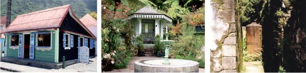 左图：镇中的商铺（Mairie de Salazie）；中图：科里奥之家的亭子和喷泉（Ville Salazie）；右图：镇中的温泉遗址（CC BY-SA 3.0/维基百科）