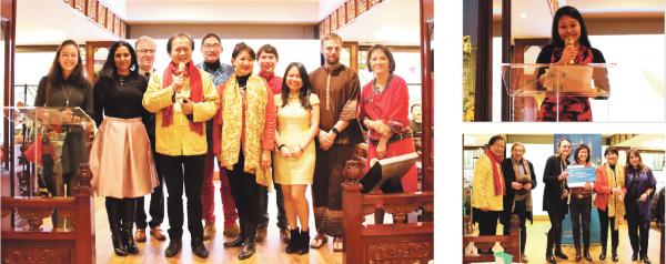 大图:MAF主席叶俊聪(前排左三)与部分成员合影;右上图:马来西亚驻法使馆顾问Farisha Salman女士;右下图:法国前部长斯蒂安(左二)、MAF副主席Phebe Perrin女士(右二)、阿曼航空法国总裁若利伟女士(Rocio Jolivet)女士(右一)与当日抽到机票大奖的幸运嘉宾合影。(摄影:林莲怡/看中国)