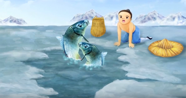 王祥为孝顺母亲在寒冷的冬天卧冰求鲤。(视频截图)