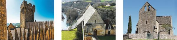 左图:贝纳克城堡主塔(Bonachera jf/维基百科CC BY-SA 4.0);中图:从贝纳克城堡可看到小镇上的圣母升天教堂(Père Igor/维基百科CC BY-SA 3.0);右图:卡泽纳克圣马蒂亚教堂(MOSSOT/维基百科CC BY-SA 3.0)。