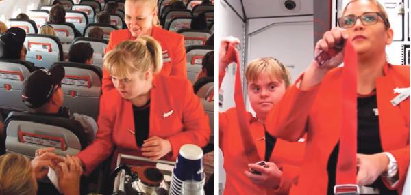 左图:Knoll热心地在为乘客服务。右图:Knoll尽职尽责地站在走道做安全演示。