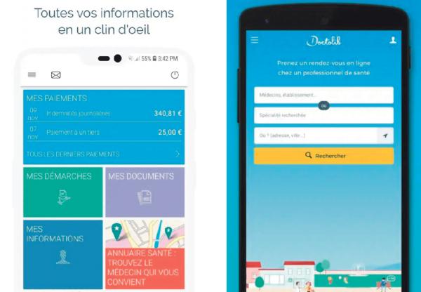 现有的智能手机医保在线(Ameli)程序(左)和网上预约医生(Doctolib)(右)。
