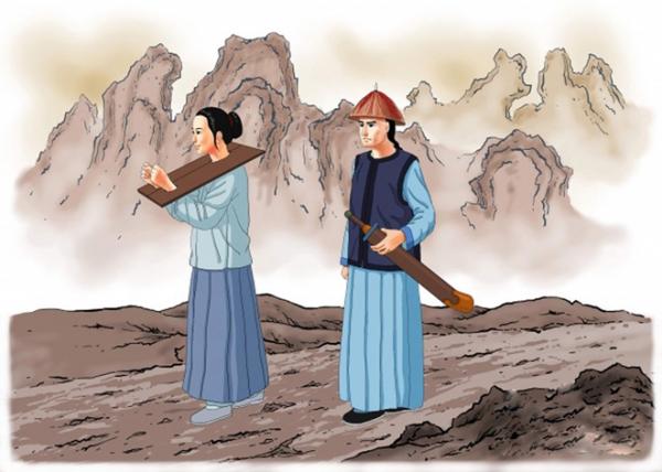 王义士的妻子为成全丈夫的大义，愿代替许德溥之妻被发配边地。（公有领域）