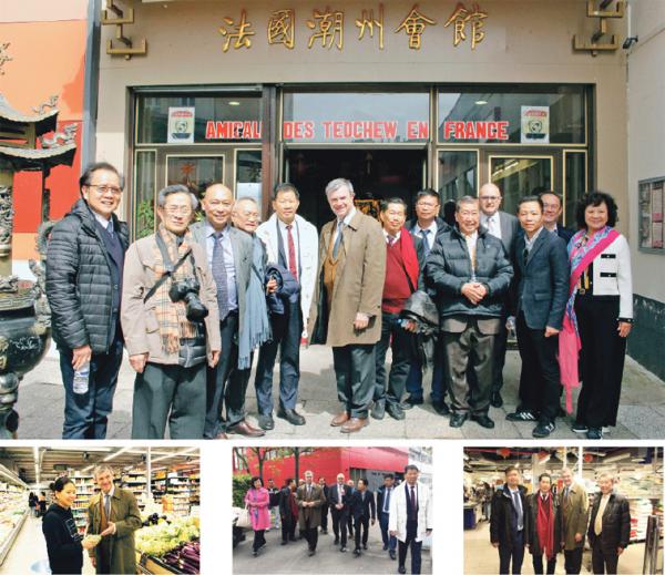 大图 :巴黎6区区长勒考克(左6)在巴黎13区潮州会馆门口与法亚共和联盟永远名誉主席何福基(右5)、主席钱美容(右1)、法国潮州会馆名誉会长吴武华(左5),及法亚共和联盟部分成员和13区亚裔代表合影。 下组图:勒考克走访中国红超市(左);13区街区(中);巴黎士多超市(右)。