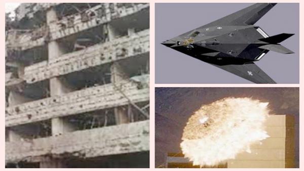 左图:中国驻南斯拉夫大使馆被轰炸后的废墟。 右上图:美国轰炸机 / 右下图:钻地弹击中中国驻前南斯拉夫大使馆。