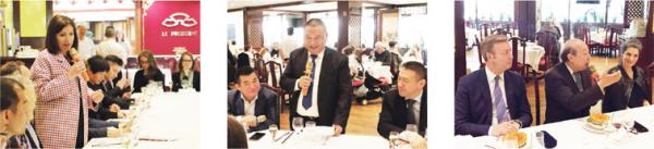 左图:伊达尔戈在午餐宴上致辞;中图:美丽城联合商会会长姜金玉(中)在会上致辞,池万峰(左)、幸福楼东主陈东晓(右); 右图:街区商家代表陈广城(中)与市长谈论街区生活,11区负责商业的副区长杜克卢(Philippe Ducloux)(左)、巴黎市负责商业的副市长波勒斯基(Olivia Polski)(右)。(摄影:林莲怡/看中国)