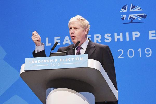 2019年6月22日,约翰逊在英格兰中部伯明翰举行的保守党领导会议上发表演讲。(AFP/Getty Images)