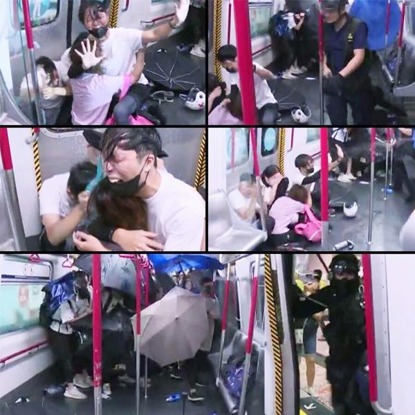 8月31日晚间,港警冲入地铁太子站内车箱打人。(图片来源:推特截图)