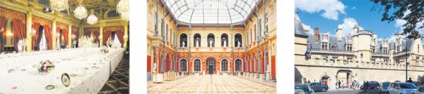 左图：爱丽舍宫内的盛典厅（Chatsam/维基百科CC BY-SA 3.0）；中图：巴黎国立高等美术学院（Dalbera — Flickr/维基百科CC BY-SA 2.0）；右图：国立中世纪博物馆（Pline/维基百科CC BY-SA 3.0）。