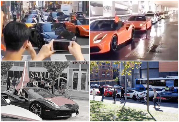 多伦多一群开法拉利的中国留学生,冲击漫骂反送中示威者。(视频截图)