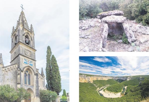 左图:圣洛克教堂(© William Crochot/Wikimedia CommonsCC BY-SA 4.0);右上图:Pié de Mounié石棚墓(Manuel Peyrolais/维基百科CC BY-SA 4.0);右下图:阿尔代什峡(Getfunky Paris — Flickr: Madeleine Circus/维基百科CC BY 2.0)