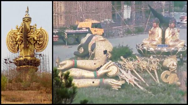 左图:被称为“世界之最”的四面佛千手观音像 / 右图:被拆解中的观音像
