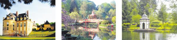 左图:镇上的阿普尔蒙城堡(Lolob/维基百科CC BY-SA 3.0);中图:城堡花卉公园里的中国桥(Parc floral — Photo/维基百科CC BY-SA 4.0);右图:城堡花卉公园内的土耳其亭(公有领域)。