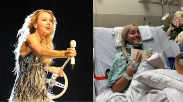 泰勒丝的粉丝琳赛(Lindsay)(右)出车祸住院,泰勒丝送上亲笔手写卡片和花束,让躺在病床上的女粉丝收到后激动大哭。(图片来源:Getty Images/Lindsay twitter)