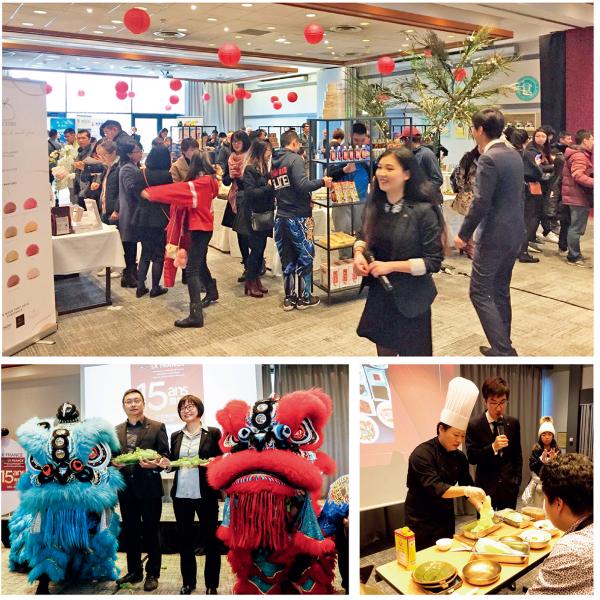 大图：利鑫集团成立15周年食品展会现场；下左图：徐总（左）与厉总（右）在庆典活动开幕式上；下右图：韩国厨师Lee Young Kyung现场演示制作韩国泡菜。（摄影：宋源/看中国）