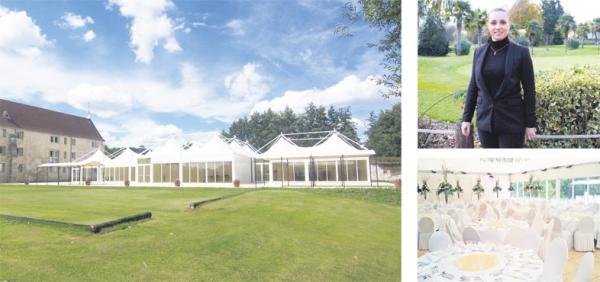 大图:莱西吉内高尔夫修道院酒店绿地上的婚庆亭;右上图:莱西吉内高尔夫修道院酒店经理埃斯普尼亚(Angélique Espugna)女士;右下图:婚庆亭内部。(图片:莱西吉内高尔夫修道院酒店提供)